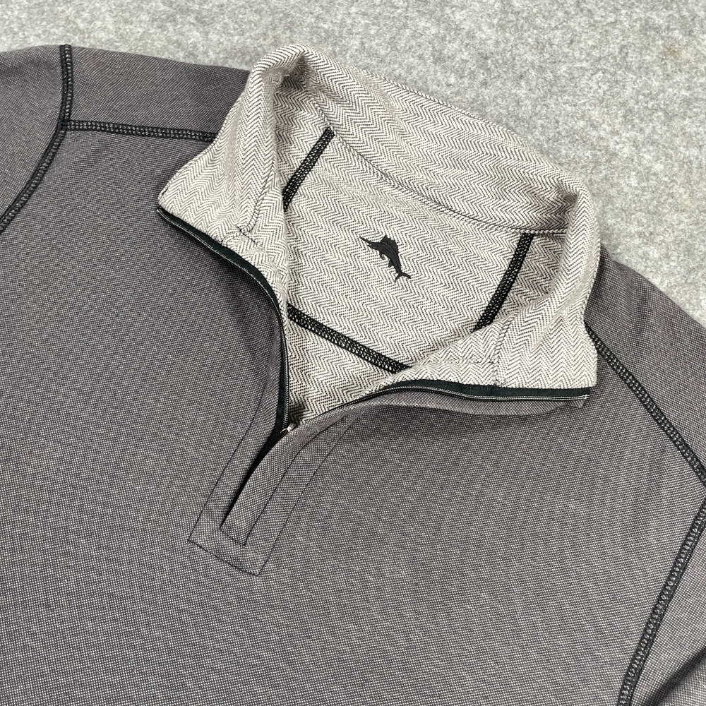 Tommy Bahama Mens Quarter Zip Pullover Large Gray Herringbone Trim Mock Neck